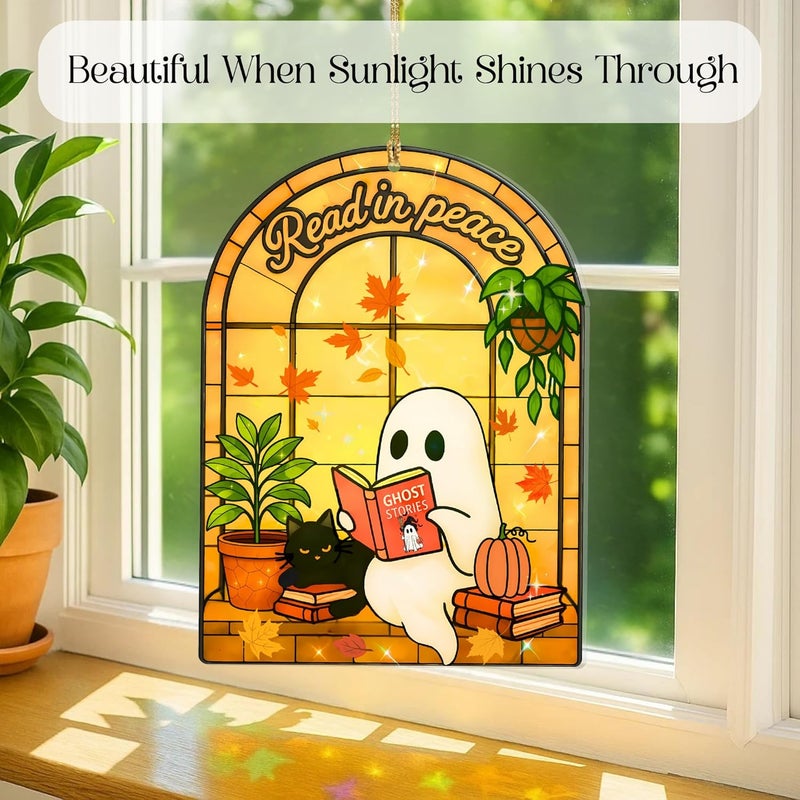 Hutato Halloween Ghost Reading Book Suncatcher, Ghost and Black Cat Acrylic Window Hanging Decor, Reading Book Sun Catcher, Book Lover Gift (Ma 1) - Image 4